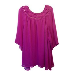 CATHERINE'S Fuchsia Pink Blouse Embroidered Neckline Flowy Half Sleeve Size 3X
